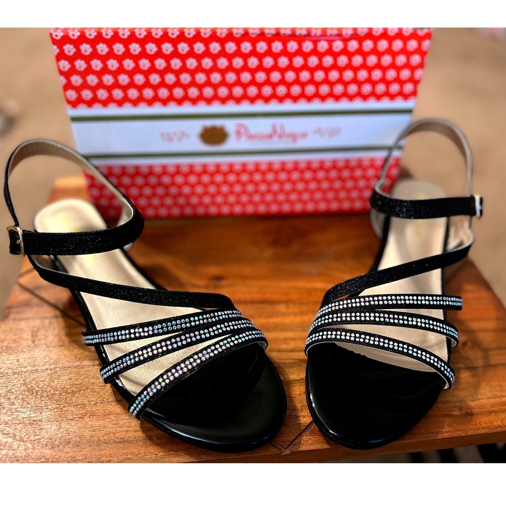 Pandaninija Girls Black Glitter Rhinestone Low Heel Sandals Size 6 NWB